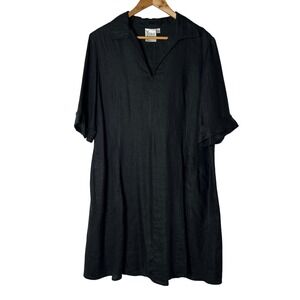 Finley Dress Size M Marcia Solid Black Linen V‎ Neck Midi Made in USA